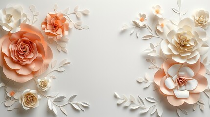 Elegant floral frame, featuring cream and peach colored paper flowers with delicate foliage