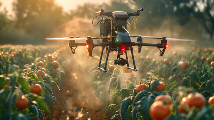 High-tech drone spraying crops a modern farm scenesmart farm concept wite twilight sky background.
