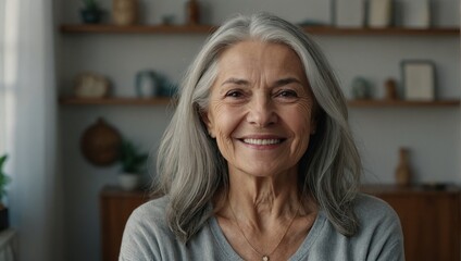 Happy confident senior woman with long naturally grey hair standing in home interior, looking at camera with crossed arms, smiling, posing for head shot vertical front portrait