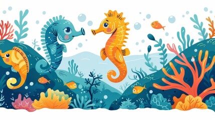 Fototapeta na wymiar Colorful Underwater Scene with Seahorses