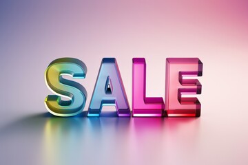 SALE word in glossy 3D rendering with metallic finish, reflecting pink and blue hues on a soft gradient background.