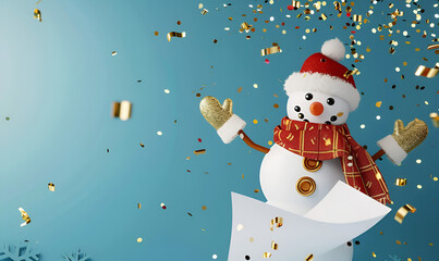 3d illustration of snowman with white and red hat and golden hands with white box on stand.AI Generative