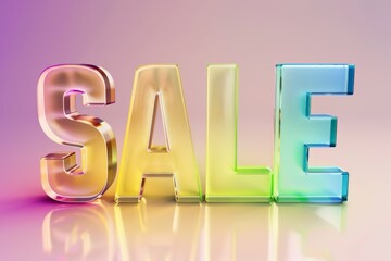 Vivid 3D "SALE" letters in a shiny glass finish with gold to cyan gradient on a pastel background, casting a sleek reflection.