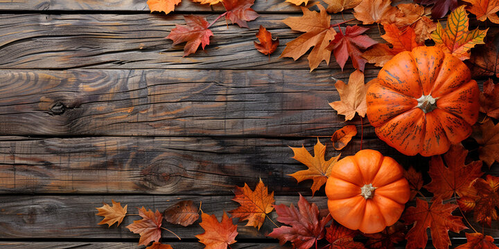 Autumn background with leaves and pumpkins on wooden background.AI Generative
