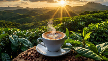 A steaming cup of coffee surrounded by lush Brazilian coffee fields and coffee beans. Generative ai - obrazy, fototapety, plakaty