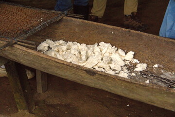 Pile of yuca for making yuca bread in an outdoor kitchen in Puerto Bolivar, in the Cuyabeno Wildlife Reserve, outside of Lago Agrio, Ecuador - obrazy, fototapety, plakaty