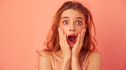 Expressive Young Woman with Hands on Cheeks, Surprised Reaction