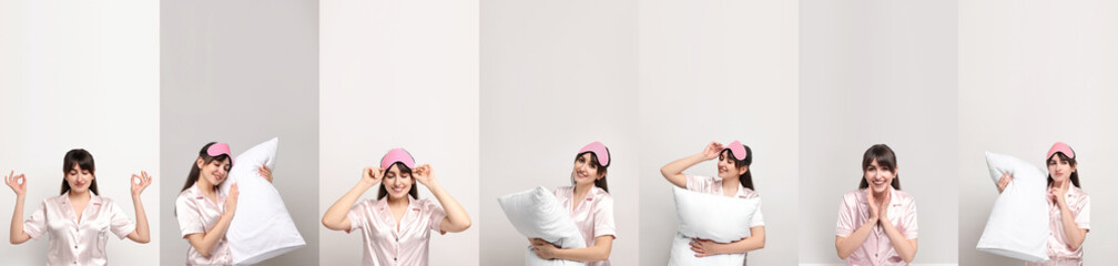 Woman in pajamas on light background, collage of photos