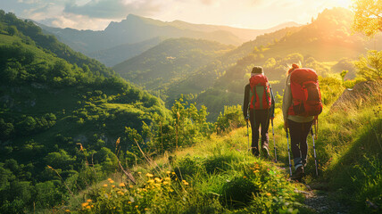 Adventure Trekking. Hikers Exploring Scenic Mountain Trail at Sunrise