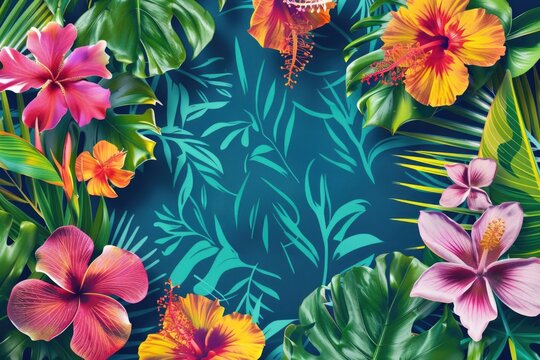 Exotic tropical floral arrangement with colorful hibiscus and frangipani on a dark teal background with foliage shadows