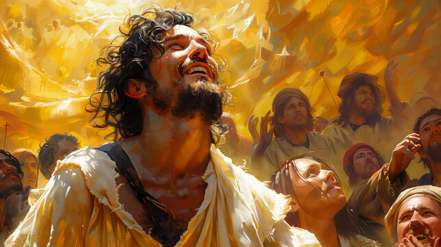 Apostles speaking in different tongues after the Holy Spirit descends, faces full of passion and energy