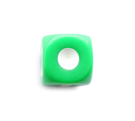 One green game dice isolated on white, top view