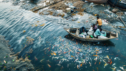 River Pollution. People Fishing Amidst Plastic Waste and Colorful Fish in Polluted Waters