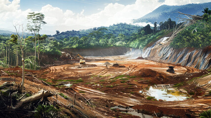 Fototapeta na wymiar Ecological Disaster. Destruction of Forests with Heavy Equipment and Labourer