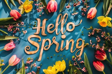 Fototapeta na wymiar Vibrant Illustration of 'Hello Spring' Text Surrounded by a Lush Collection of Spring Flowers and Leaves