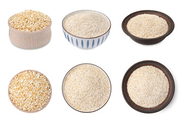 Collage of dry barley groats in bowls on white background, top and side views