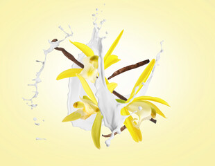 Vanilla pods and flowers with splash of milk in air on pale yellow background