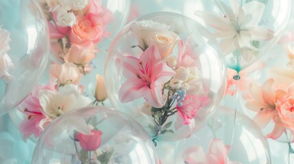 Delicate arrangement of pastel lilies encapsulated in transparent balloons. Dreamy and ethereal vibe. Creative party concept.