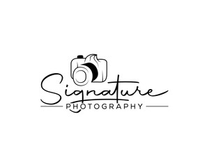 Signature photography logo design and Font Calligraphy Logotype Script Font Type Font lettering handwritten with vector camera icon