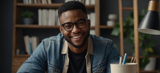 Headshot portrait of happy african American man in glasses sit at desk have video call on gadget, smiling biracial young male in spectacles talk speak on web, using online dating service application - Powered by Adobe