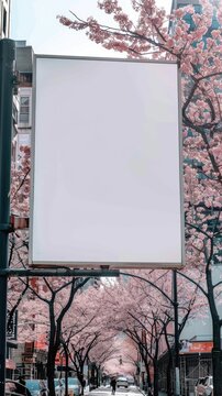 Close-up of a blank billboard with a street full of cherry blossoms in the background in New York, illustration made with Generative Ai