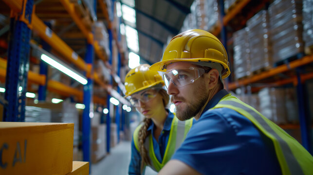 Diverse Warehouse Staff Loading, Sorting, and Managing Inventory in a Spacious Storage Facility : Man and Woman Teamwork in Logistics.