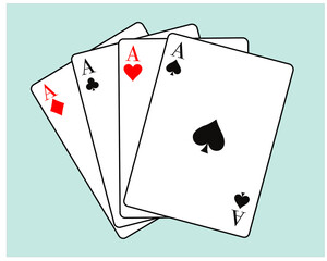 Four aces playing cards - Four Of A Kind poker hand consisting of four ace cards, Ace of Hearts, Spades, Clubs and Diamonds card, vector illustration isolated on white background