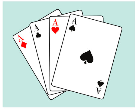 recommend clip art: Four aces playing cards - Four Of A Kind poker hand consisting of four ace cards, Ace of Hearts, Spades, Clubs and Diamonds card, vector illustration isolated on white background