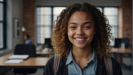 Modern youth representative. Headshot portrait of happy smiling millennial mixed race woman employee student posing in office university,Casual young black female teenager look at camera in good mood - Powered by Adobe