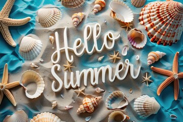 Summer Beach Vibes with "Hello Summer" Script Amid Seashells and Starfish