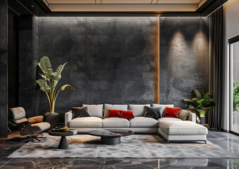 Modern cozy living room, luxury concept and gray wall texture background interior design.