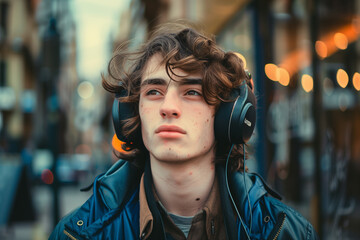 Young man listening to music, captured in a moment of relaxation with his cell phone and headphones