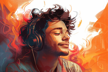 Drawing of a young man listening to music, showcasing a young man engrossed in a musical world with his cell phone and headphones