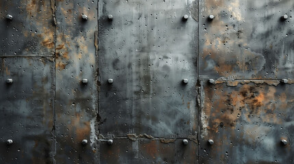 A closeup of an old, weathered steel door with rust spots and metal rivets - obrazy, fototapety, plakaty