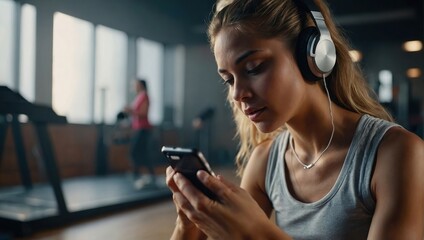Music, girl and dancer listening with earphones connect on digital device in studio or gym in weekend, Audio, female person and woman streaming songs on app to relax with technology and sound - Powered by Adobe