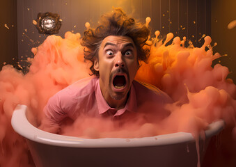 Shocked man experiences an explosive orange splash while in a bathtub, against a brown backdrop