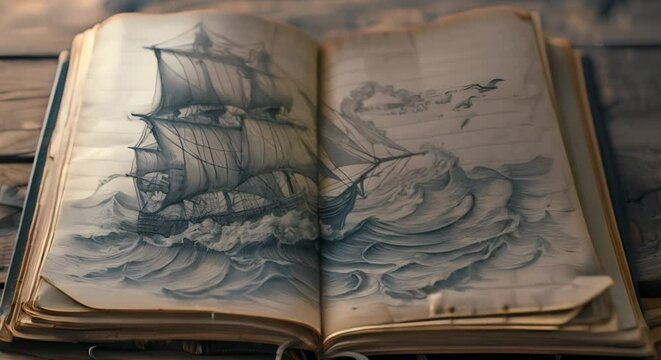 A notebook open to a page where the lines transform into waves carrying ships of knowledge,