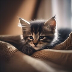 A sleepy kitten curled up in a cozy bed, with a paw draped over its face5