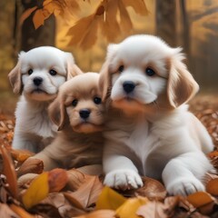 A group of fluffy puppies of various breeds, frolicking in a pile of autumn leaves4