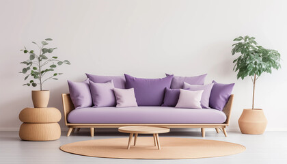 Elegant living room interior with purple sofa plants and wooden table