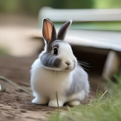 A fluffy bunny with a fluffy tail, nibbling on a blade of grass2