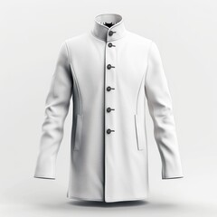 Blank white wool coat mockup, front view, 3d rendering. Empty classic cape or notched lapel jacket with collar mock up, isolated. Generative AI