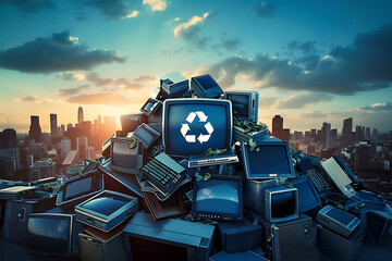 Old electronic devices in city. E waste and recycling concept