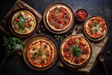 Fototapeta na wymiar Foodie concept of delicious pizza on wooden board with dip sauce and many Italian food dishes isolated on black background, shot in a studio.