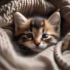 A sleepy kitten curled up in a cozy bed, with a paw draped over its face3