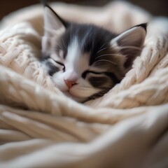 A sleepy kitten nestled in a cozy blanket, with a tiny paw twitching in a dream5