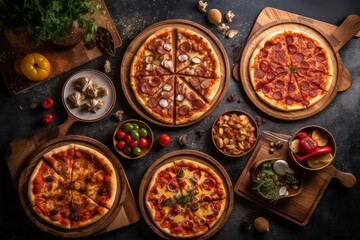 Foodie concept of delicious pizza on wooden board with dip sauce and many Italian food dishes isolated on black background, shot in a studio. - obrazy, fototapety, plakaty