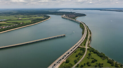 Aerial view of bridge asphalt road with cars and blue water lake and green woods in Finland.generative.ai