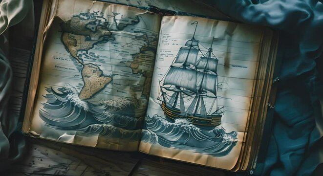 A notebook open to a page where the lines transform into waves carrying ships of knowledge,