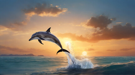 beautiful dolphin jumped from the ocean at the sunset time.generative.ai